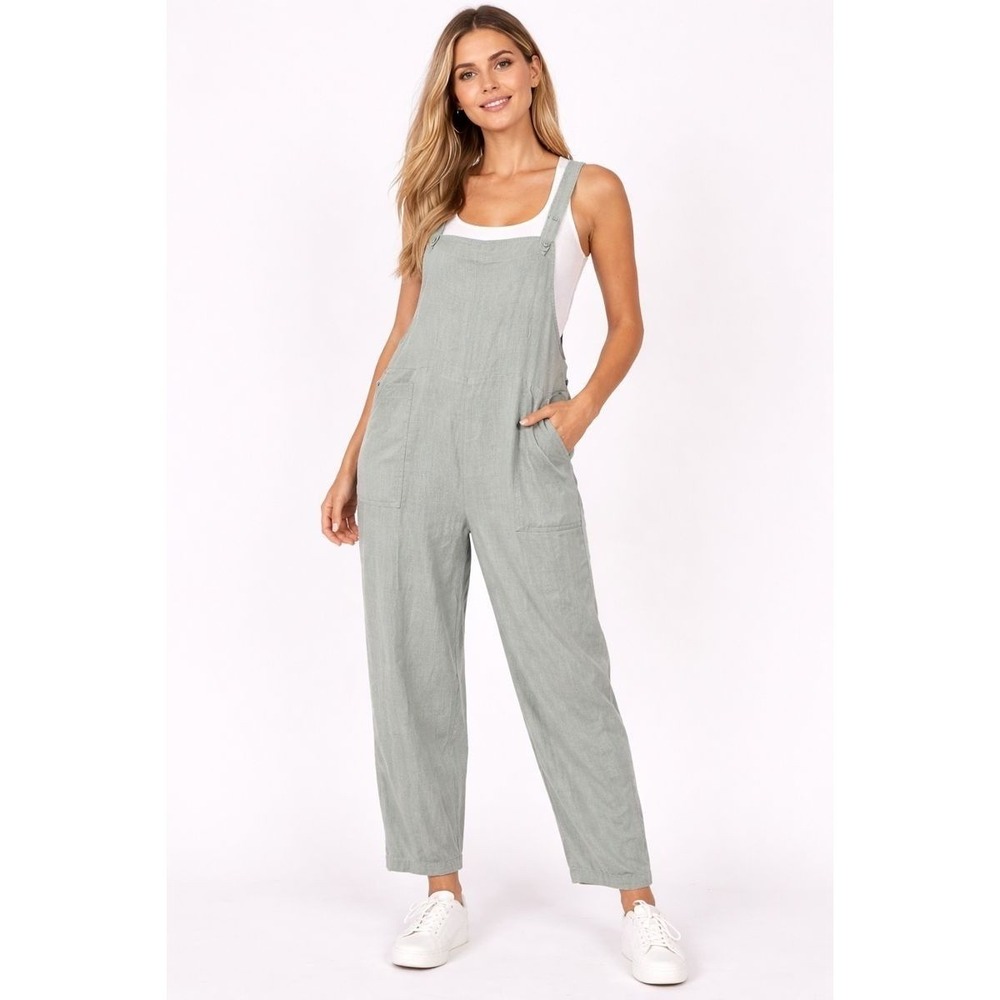 Jumpsuit‎ Cropped Cotton Linen Blend Overalls Women's Sage Green Size - Medium
